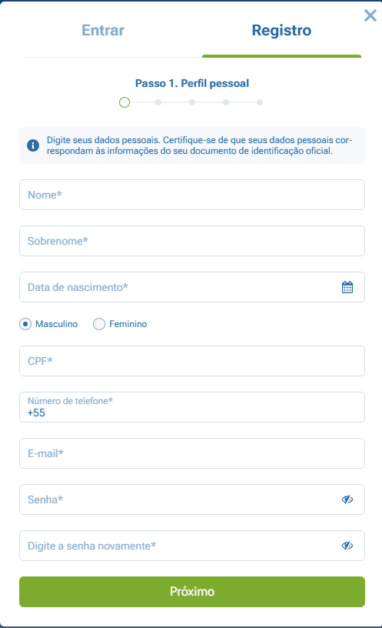 registro 1xbet novo